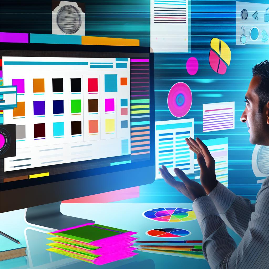 "An illustration of a diverse selection of stylish WordPress theme templates displayed on a computer screen. The screen is surrounded by various design elements like color swatches, font samples, and layout sketches, symbolizing creativity and choice. The setting is a modern, well-lit office with a person thoughtfully interacting with the computer, representing the process of selecting the perfect theme for a website. The image should convey a sense of innovation, variety, and digital design."